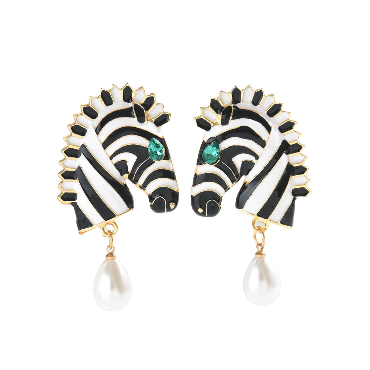 Orecchini in Lega di Zinco a Forma di Zebra con Smalto e Strass Intarsiati per Donna