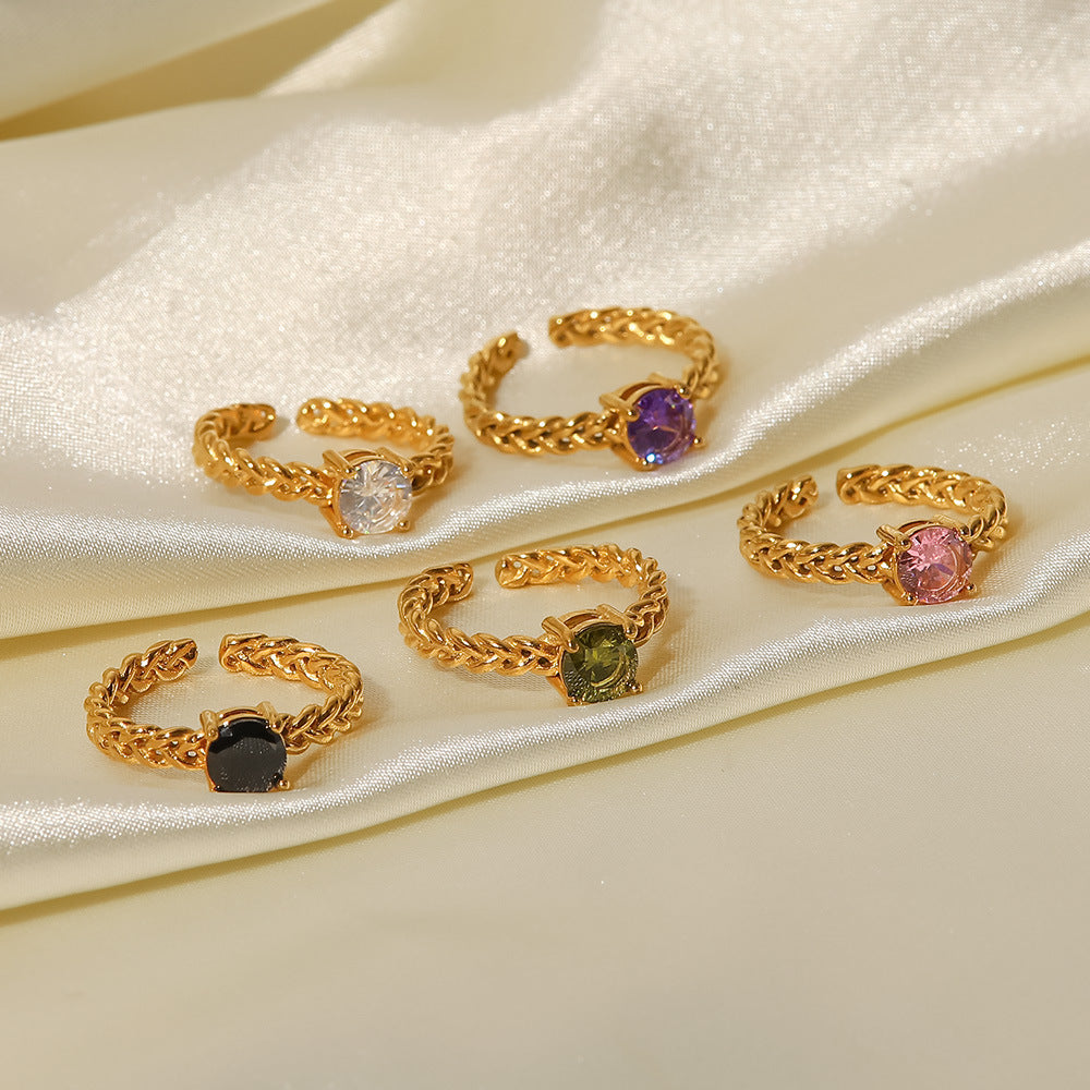 Fashionable 18K Gold Plated Stainless Steel Round Zircon Wheat Braided Adjustable Ring for Women