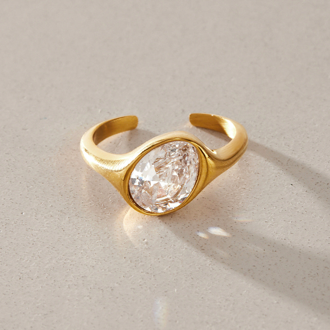Elegant Teardrop Oval Cubic Zirconia PVD Gold Plated Titanium Steel Ring for Women