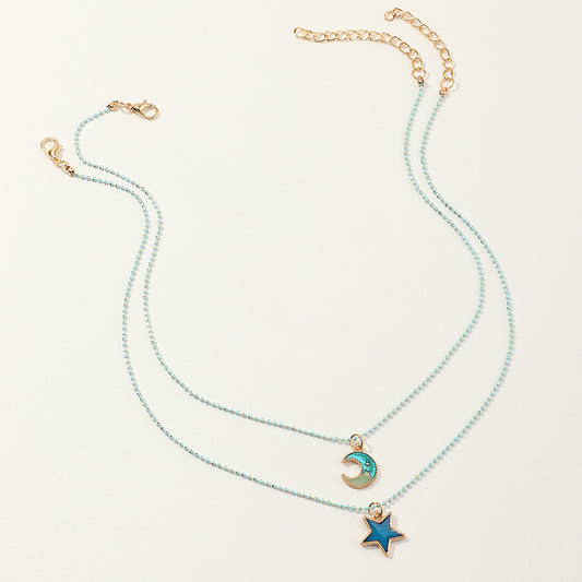 Cartoon Star and Moon Friendship Alloy Necklace Set for Girls with Geometric Pendant on Box Chain
