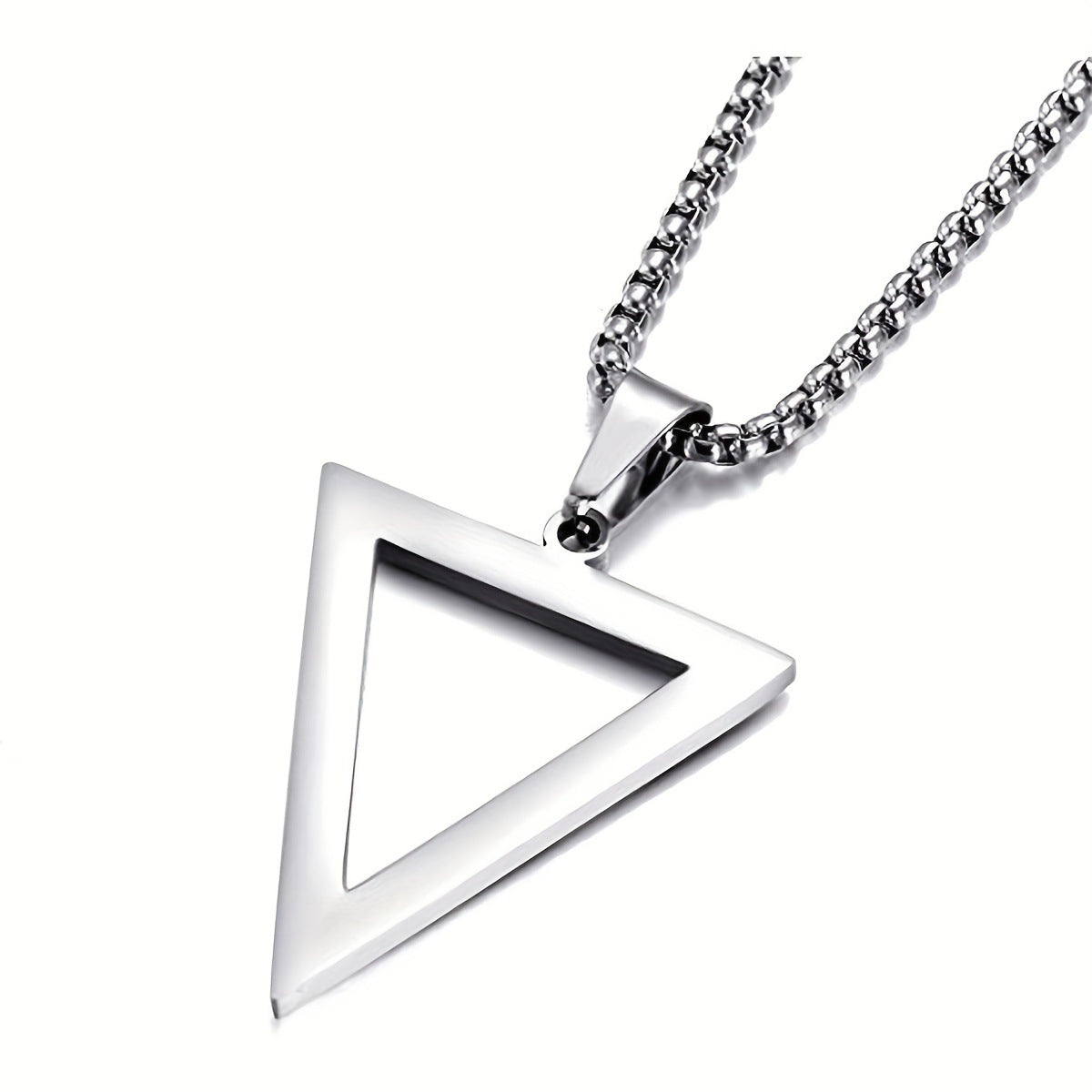 Minimalist Geometric Triangle Pendant Necklace for Men and Boys in Polished Stainless Steel with Ball Chain