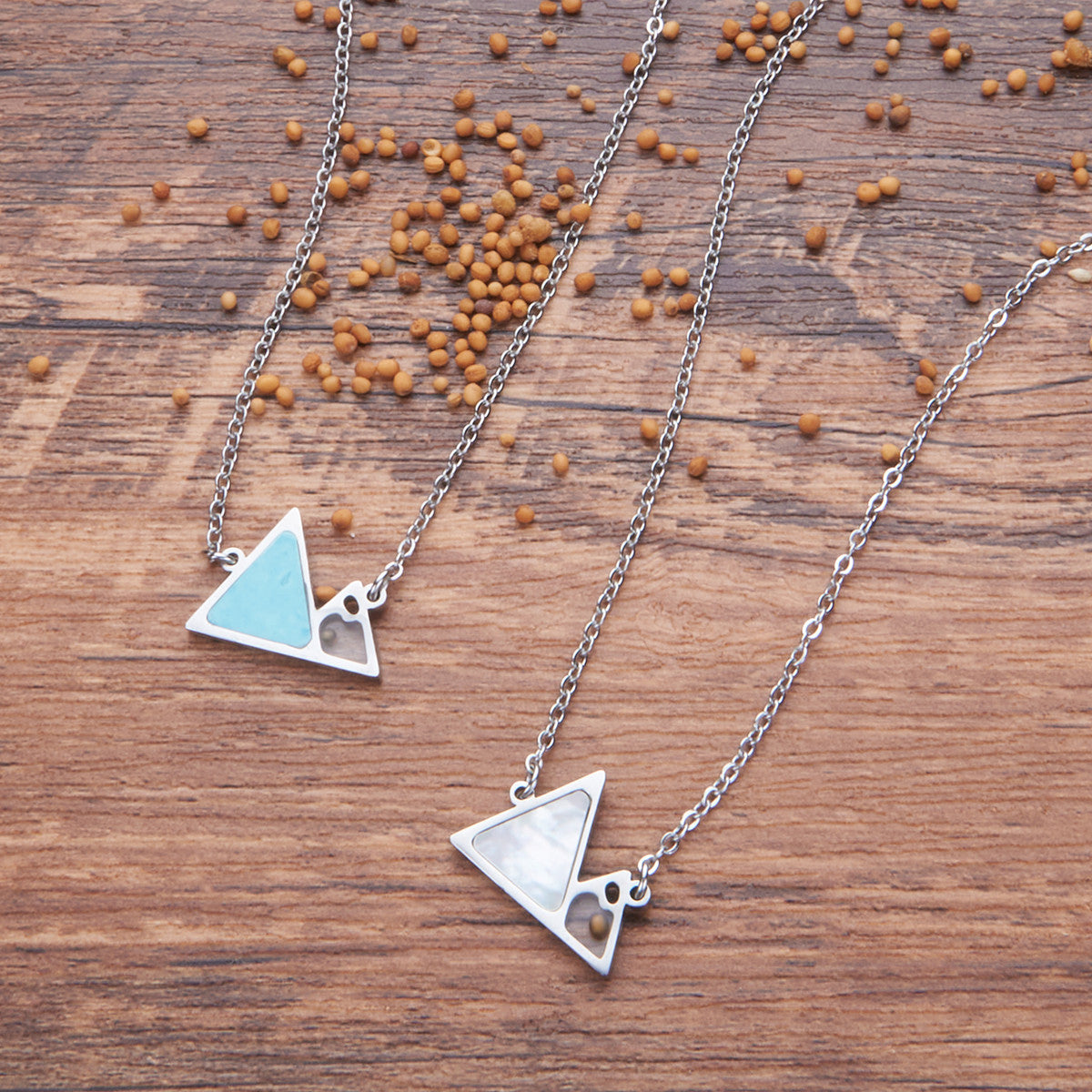 Minimalist Geometric Faith Turquoise and Shell Hill Mustard Seed Stainless Steel Necklace with Polished Titanium Steel Pendant
