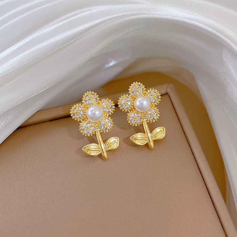Minimalist Leaf and Flower Shaped Titanium Steel Necklace and Earrings Set with Rhinestone Inlay for Women