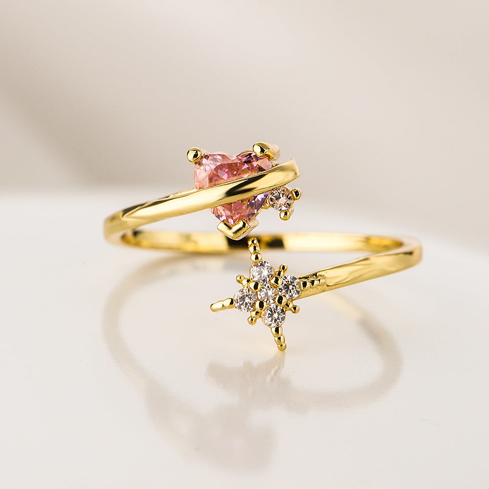 Anello Aperto Geometrico Minimalista da Donna Realizzato in Ottone con Placcatura in Oro 18K e Intarsio in Zirconi