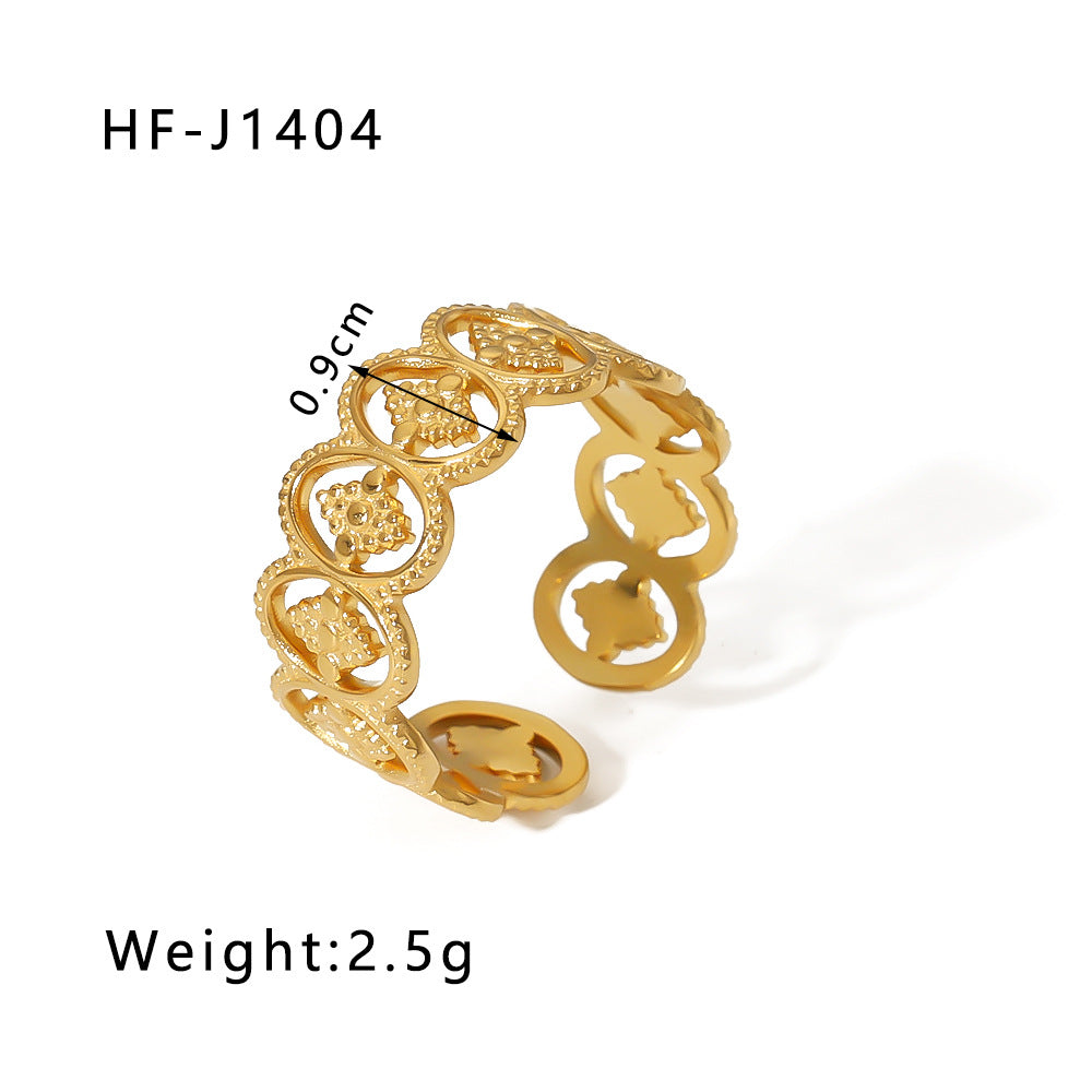 Minimalist Instagram Style Geometric Hollow Leaf and Floral Titanium Steel Ring with 18K Gold Plating for Women