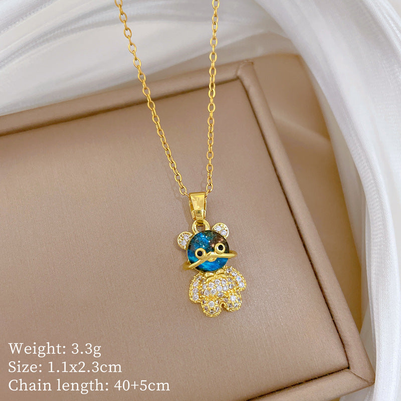 Sweet Luxury Geometric Animal Rhinestone Pendant Necklace Titanium Steel Cable Chain for Unisex