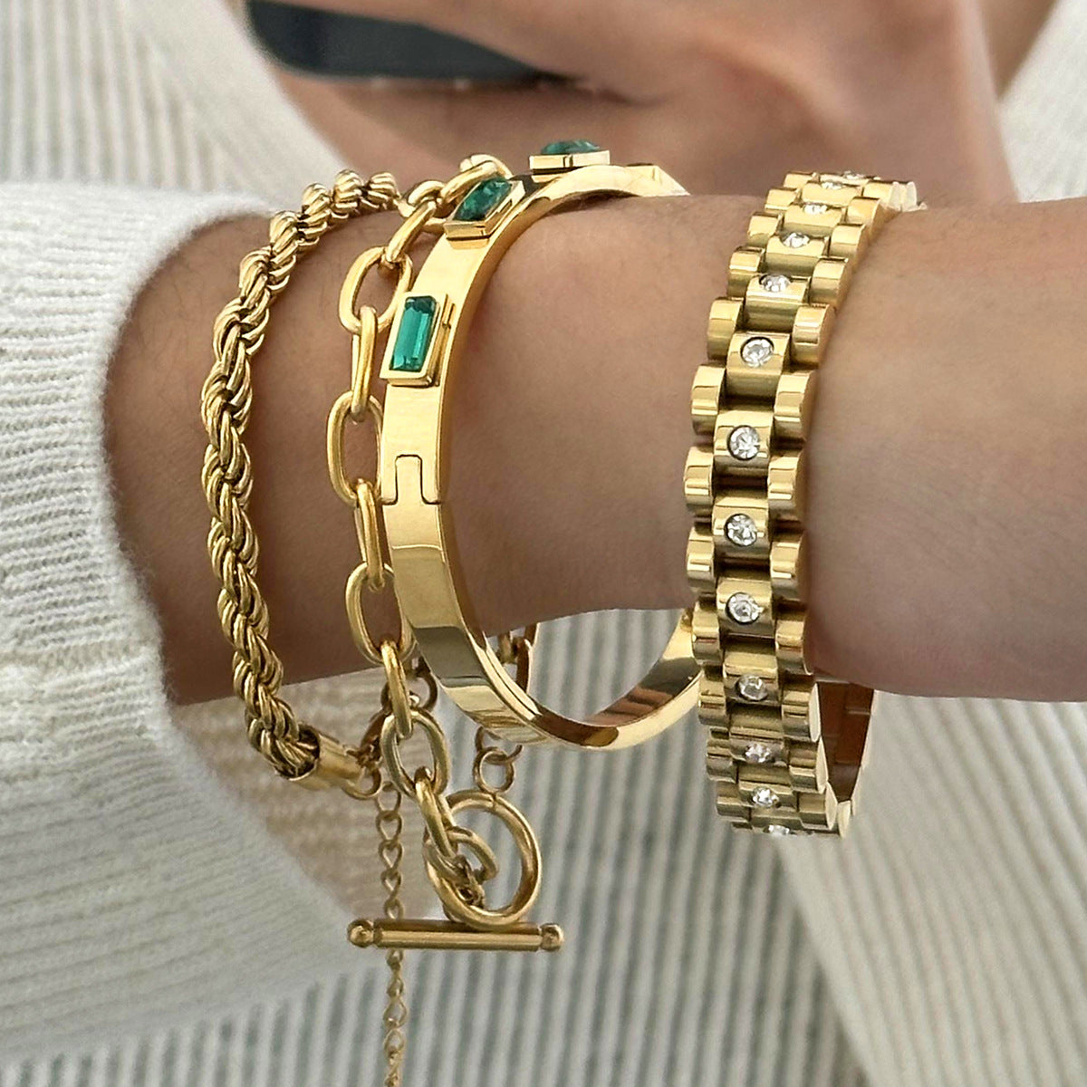 18K Gold Plated Stainless Steel Round Geometric Cubic Zirconia Bracelet
