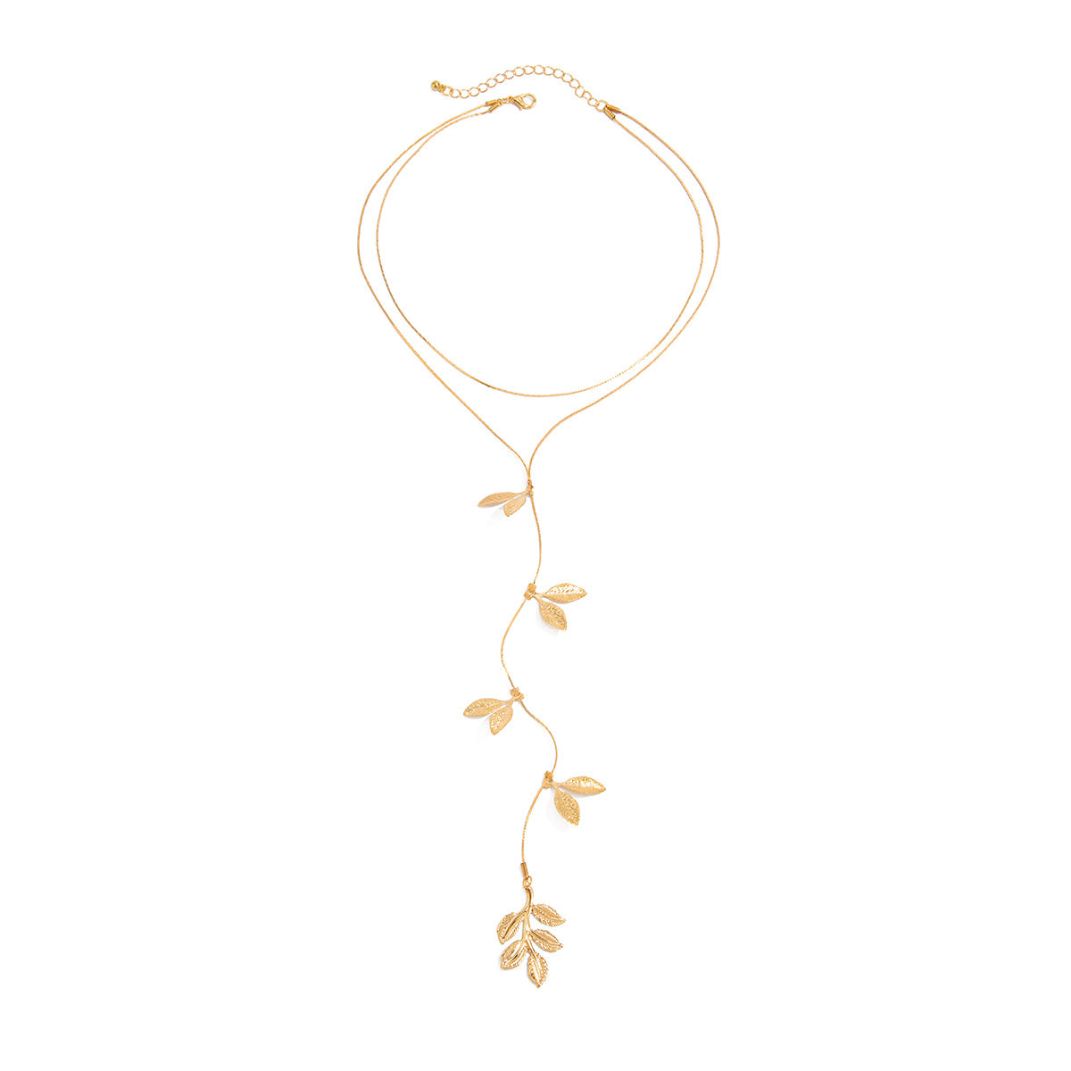 Collana da donna a Y lunga minimalista con nappa e pendente a foglia, in metallo galvanizzato, a catena per clavicola