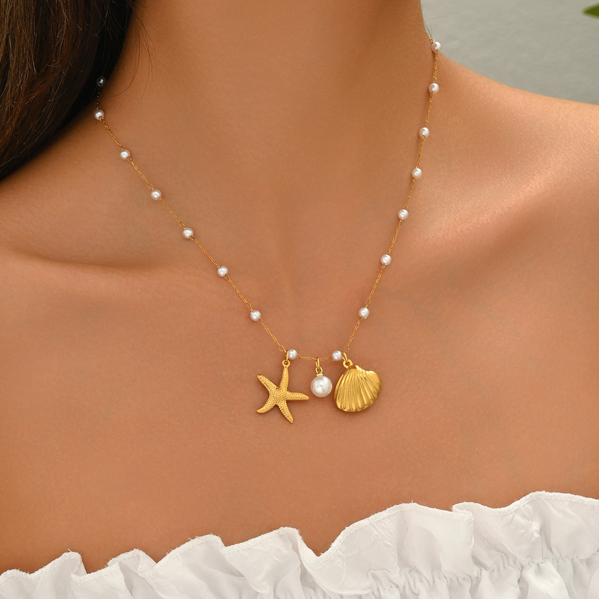 Collar de Cobre con Forma de Estrella Inspirado en el Océano con Incrustaciones de Perlas para Mujer, Cadena Larga de Clavícula con Colgante Estilo Playero