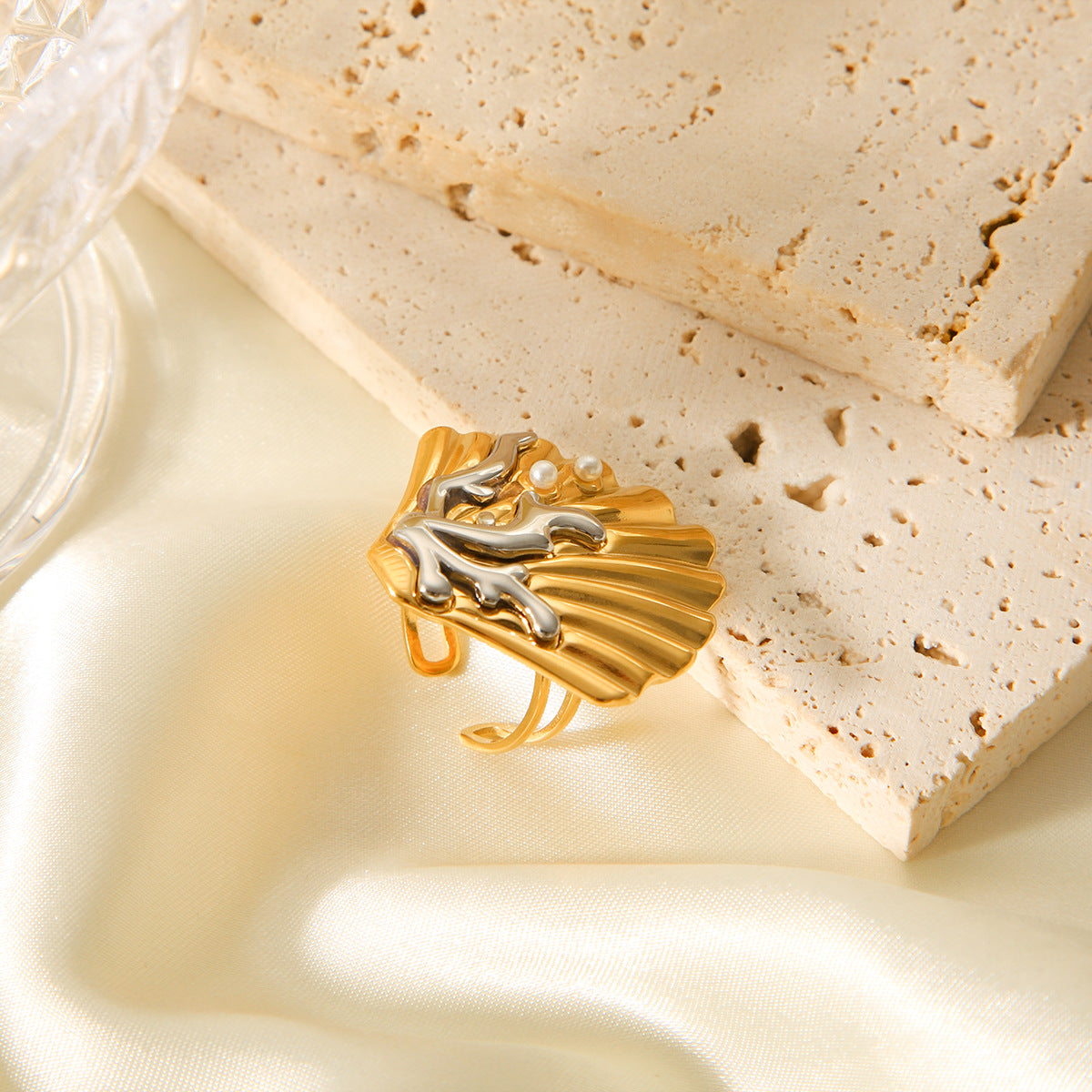 Minimalist Geometric Stainless Steel Ring with Gold Silver Two-Tone Plating Coral Shell and Pearl Accents for Women