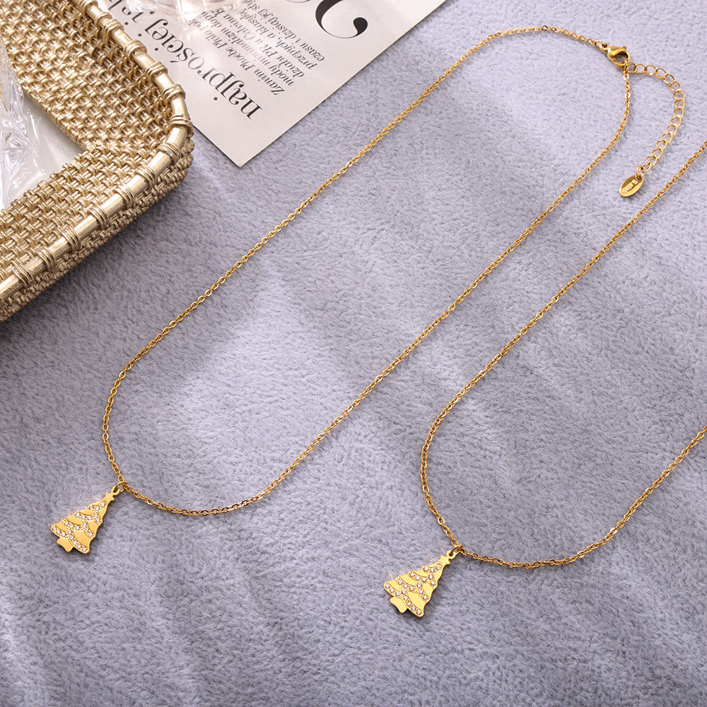 Collar con colgante de árbol de Navidad con noria geométrica de lujo en acero inoxidable con circonita, chapado en oro PVD, regalo romántico para mujer