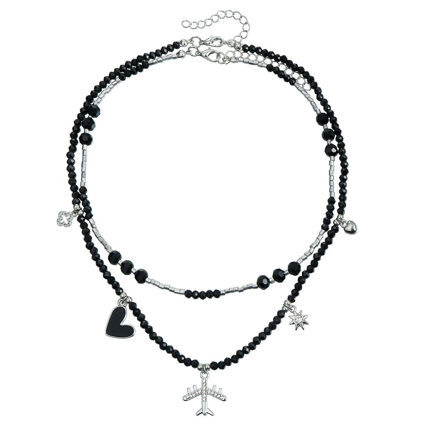 Y2K Style Airplane Pendant Choker Necklace for Women with Geometric and Heart Shapes, Glass and Alloy Construction, Electroplated Finish, Casual Fashion Neck Chain