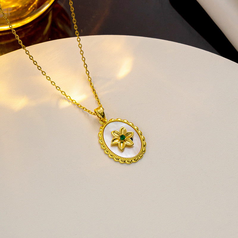 Collar de Cadena O de Acero de Titanio Chapado en Oro de 18K con Colgante de Flor Redonda de Nácar Blanco Lujoso Vintage para Mujer