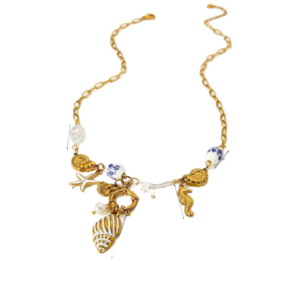 Collana casual con ciondolo di animali vegetali in acciaio inossidabile, gioielli da spiaggia estivi placcati in titanio per donna