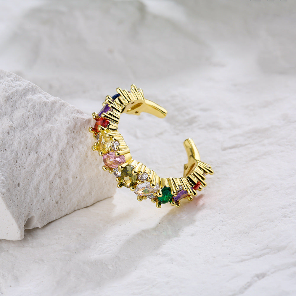 Anello Aperto Geometrico da Donna in Rame Placcato Oro 18K con Zirconi Colorati Micro-Incastonati