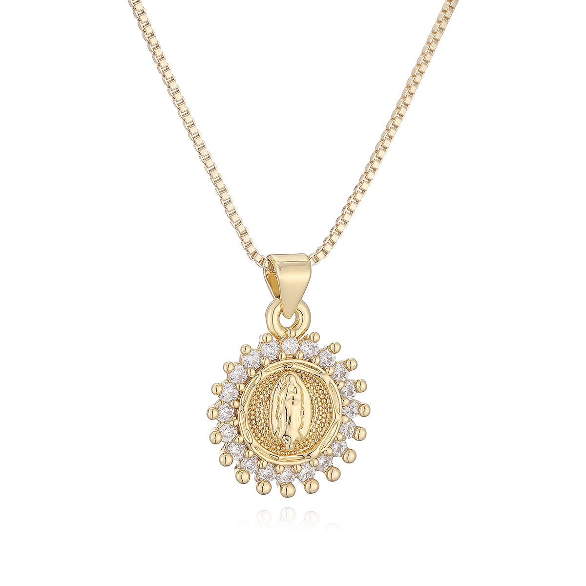 Minimalist Gold Plated Brass Geometric Virgin Mary Cubic Zirconia Pendant Necklace for Women
