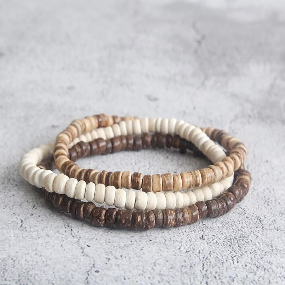 Multicolor Wood Bead and Coconut Shell Bracelet Handmade Geometric Unisex