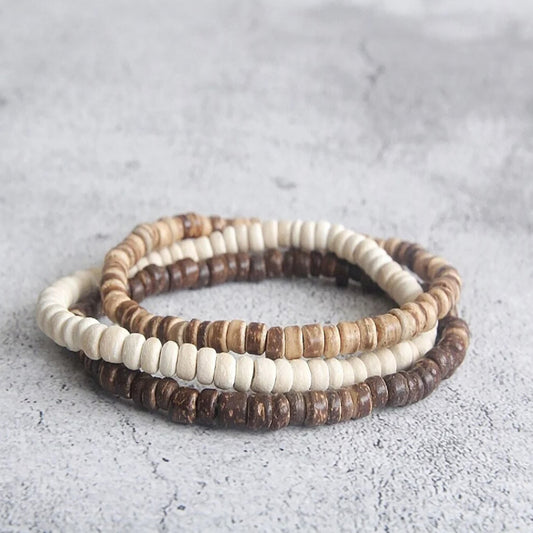Multicolor Wood Bead and Coconut Shell Bracelet Handmade Geometric Unisex