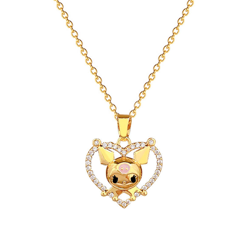 Sweet Luxury Heart Geometric Rhinestone Pendant Necklace Titanium Steel Cable Chain Unisex