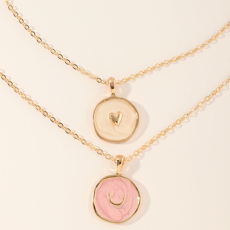 Collar minimalista con colgante de aleación con forma de corazón y luna con acabado esmaltado para niños y niñas, estilo cadena de serpiente