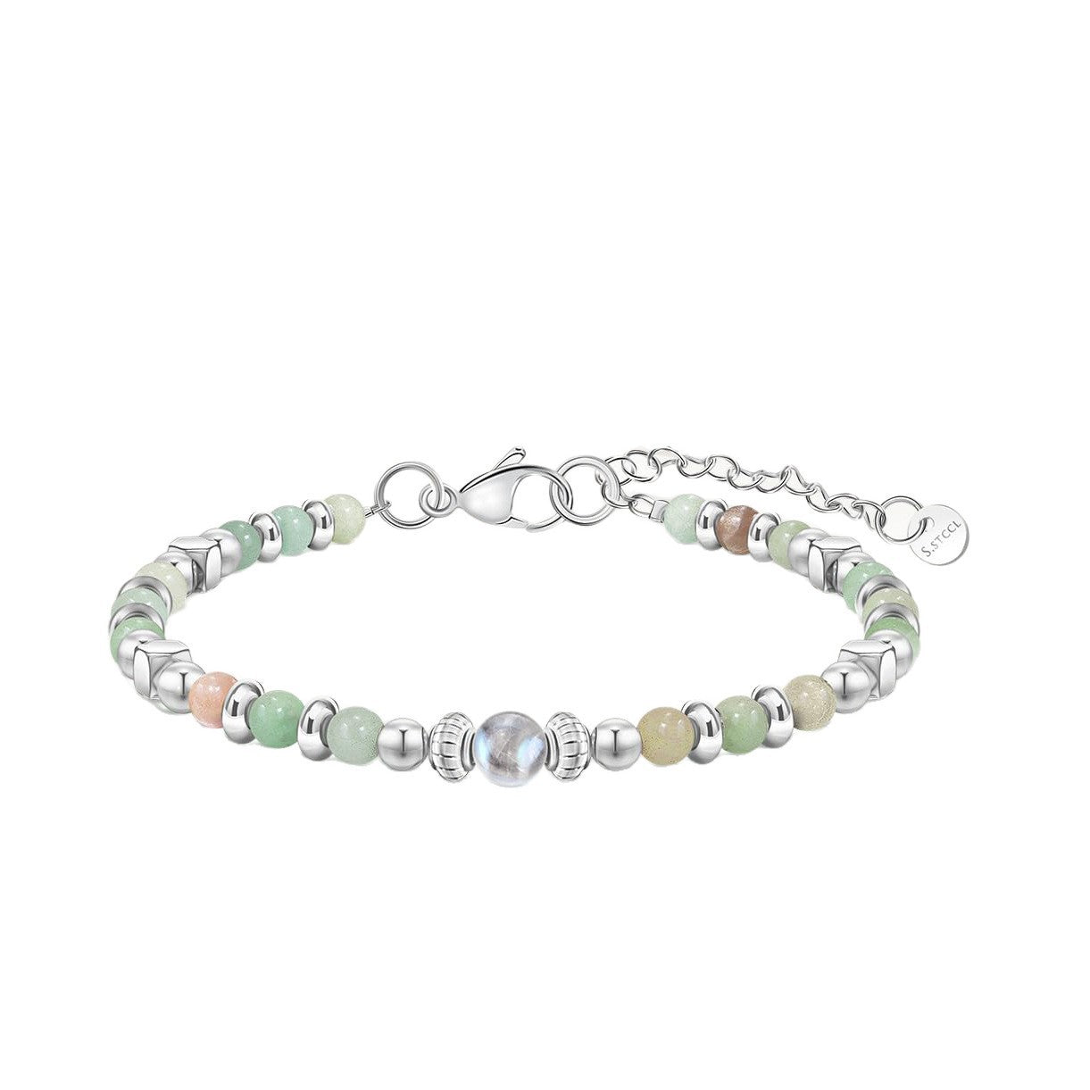 Minimalist Stainless Steel Charm Bar with 4mm Agate and 6mm Moonstone Geometric Round Beads Adjustable Unisex Bracelet