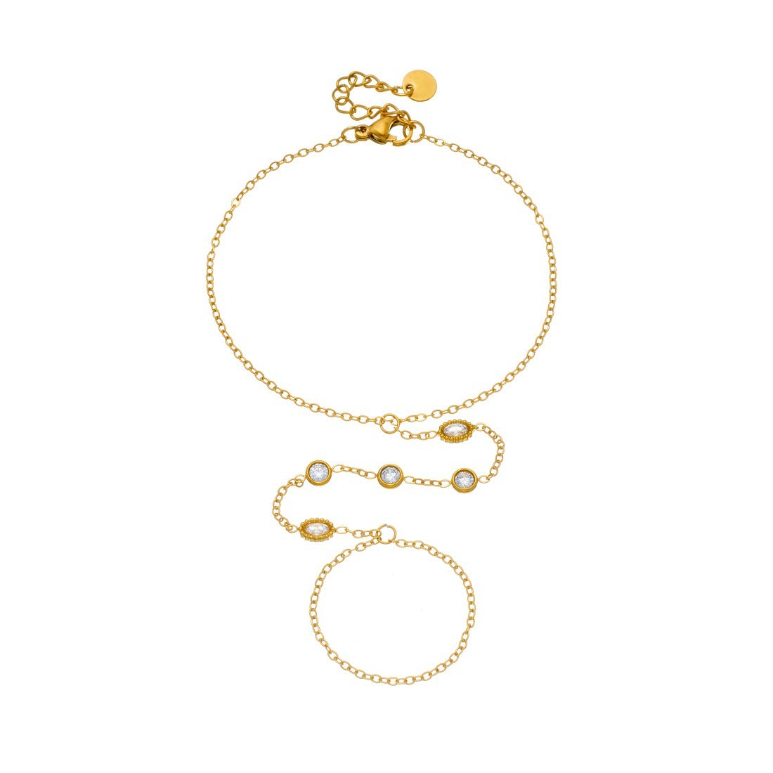 Minimalist Geometric Round Oval Rhinestone Inlay Plated Stainless Steel Hand Chain
