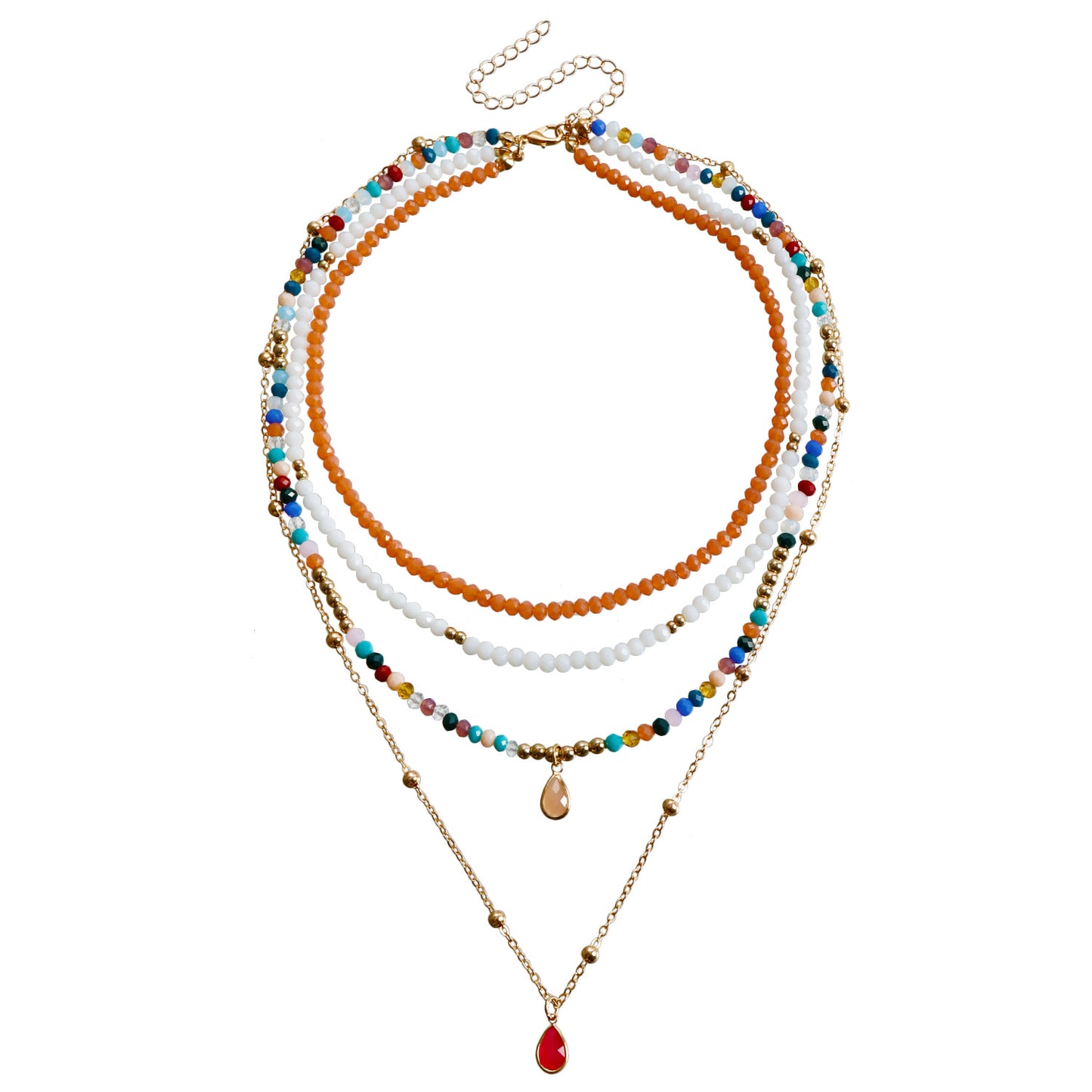 Bohemian Multi-Layer Beaded Necklace with Geometric Shape Alloy Pendant, Electroplated Finish, Fashionable Clavicle Chain for Women