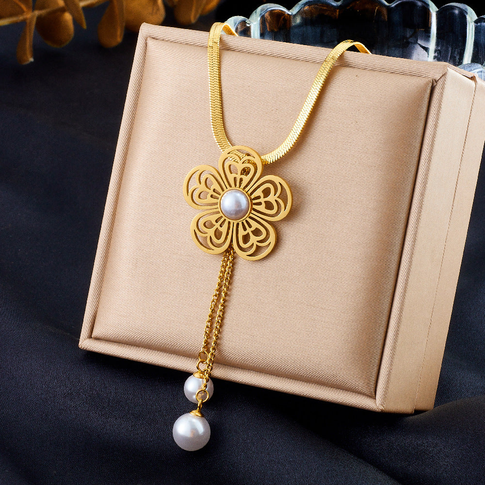 Elegant Business Hollow Floral Pearl Tassel Stainless Steel Necklace and Earring Set with Snake Chain