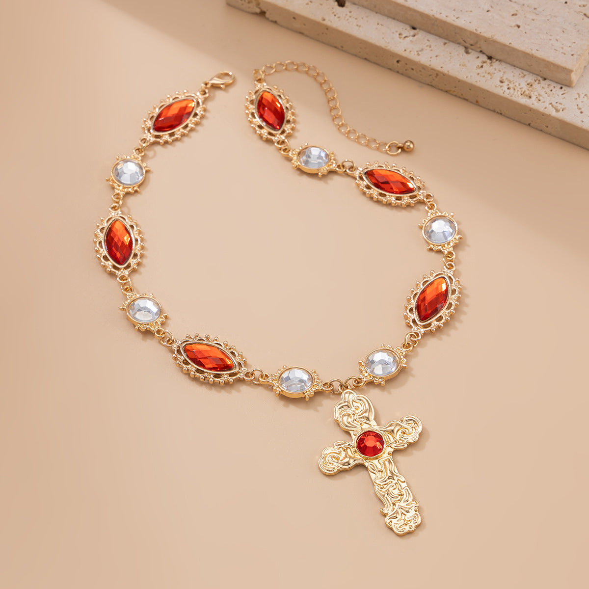 Vintage Cross Zinc Alloy Necklace with Red Gemstone Inlay for Women