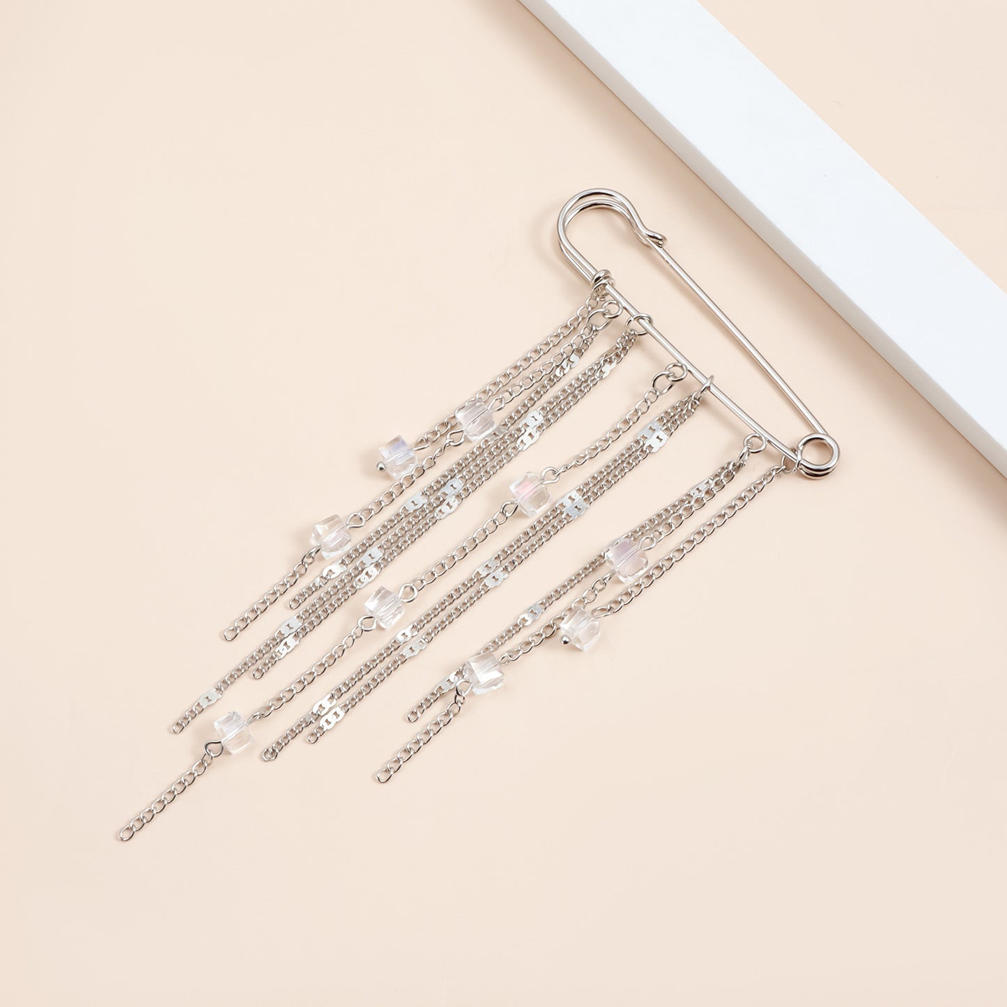 Elegant Square Geometric Crystal Plated Alloy Brooch with Tassel for Women