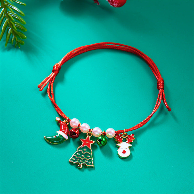 Pulsera trenzada navideña para mujer con colgante de Papá Noel y árbol de Navidad, joyería de aleación para regalo festivo
