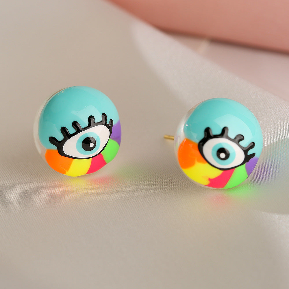 Hand-painted Evil Eye Stud Earrings for Women with Enamel Finish in Geometric Shape Made of Copper