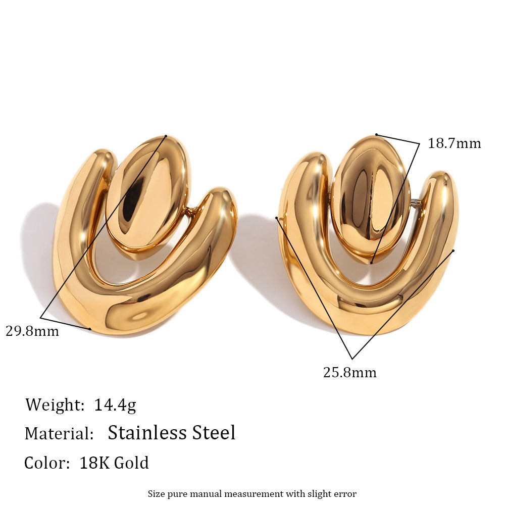 Geometric Irregular Fashion Earrings in Stainless Steel with 18K Gold Plating Featuring Spiral Seashell Design and Simulated Pearl Accents