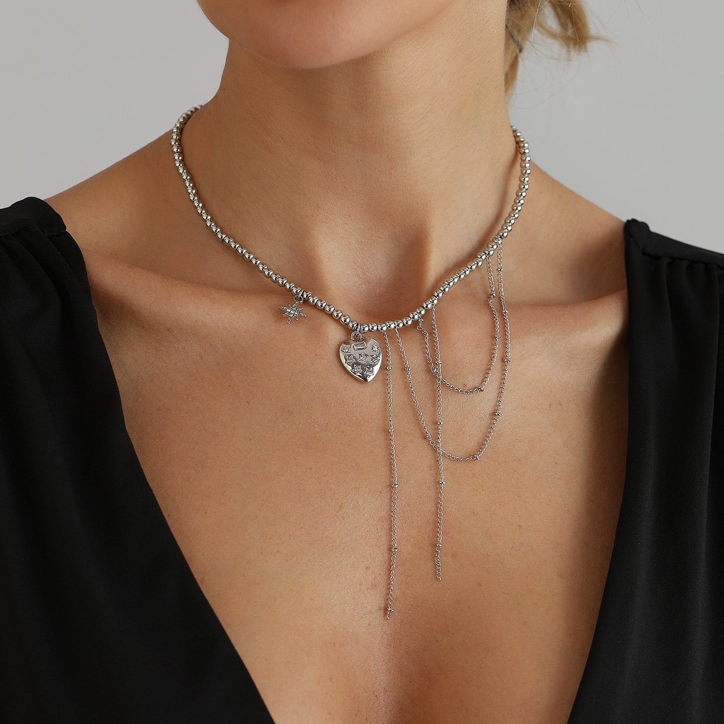 Sweet Streetwear Y2K Heart Geometric Star Alloy Plated Pendant Necklace with Tassel and Beads for Women