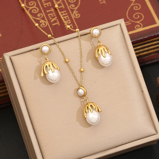 Set di Collana da Donna Elegante a Forma di Lampadina Irregolare con Perle Imitazione, Doppia Catena a O in Acciaio Inossidabile e Finitura Elettroplaccata