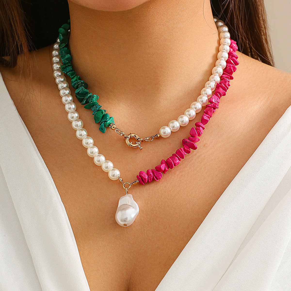 Collar de perlas de imitación estilo geométrico vintage con borla y cadena de bolas para mujer