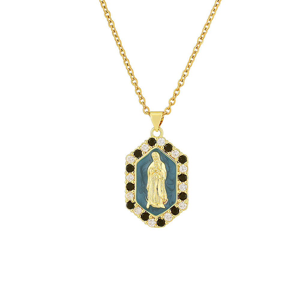 Collana con Pendente Vintage in Smalto e Zirconia dalla Forma Geometrica con Catena a Maglie per Unisex