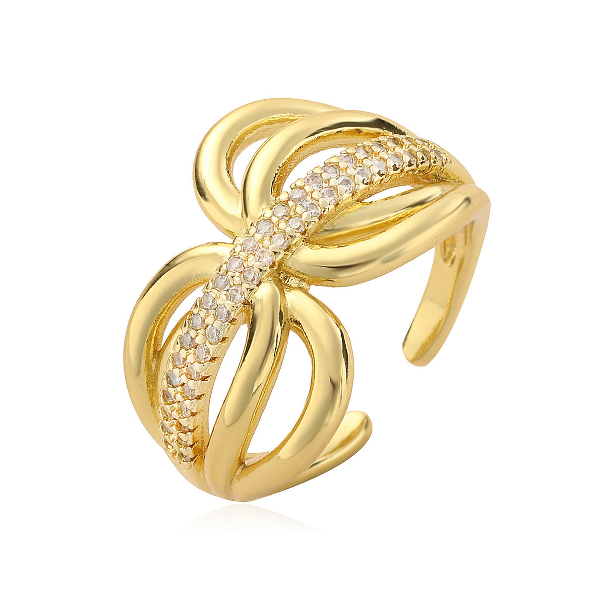 Anello Aperto Geometrico Minimalista da Donna in Rame con Placcatura in Oro 18K e Intarsio in Zirconi
