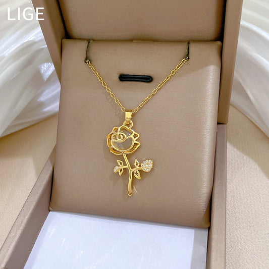 Sweet Floral Cat's Eye Rhinestone Necklace Titanium Steel Cable Chain for Women and Men