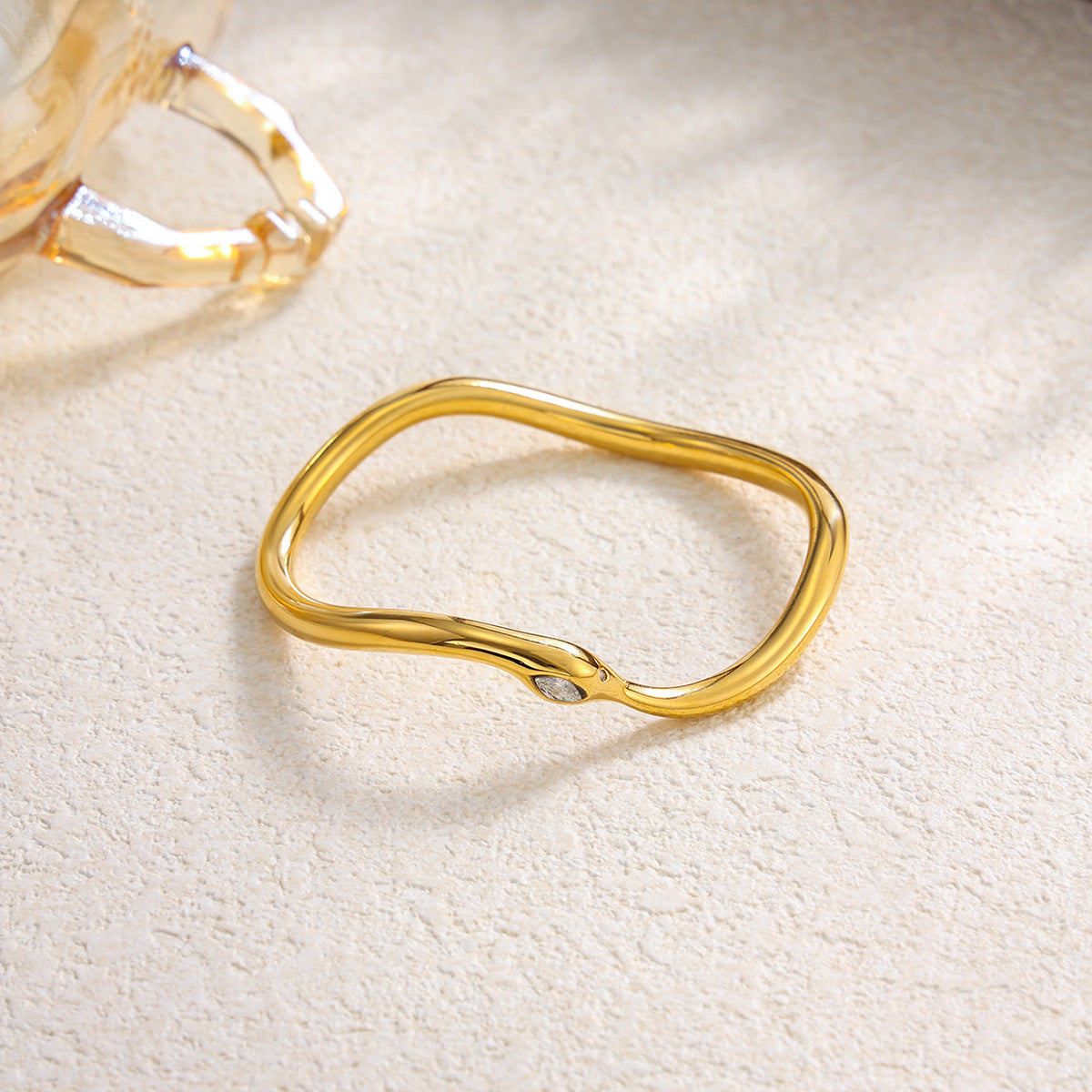 Fashion 18K Gold Plated Stainless Steel Rhinestone Inlaid Geometric Snake Chain Open Cuff Bracelet