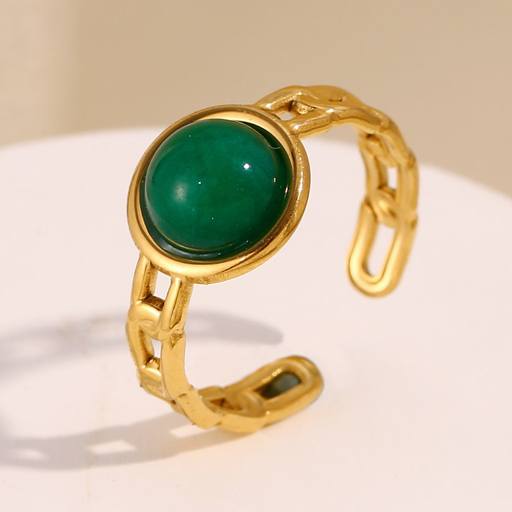Vintage Geometric Stainless Steel Plated 18K Gold Green Gemstone Open Ring for Women