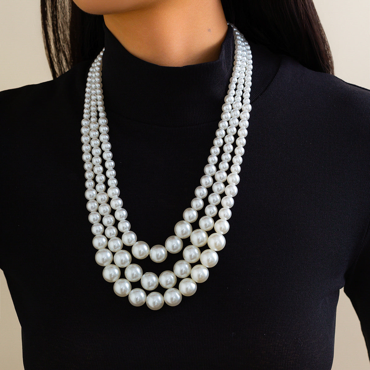 Vintage French-Inspired Multi-Layer Pearl-Style Choker Necklace for Women with Geometric Beads and Ball Chain