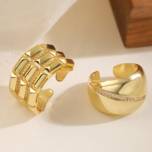 Minimalist Vintage 18K Gold Plated Geometric Cubic Zirconia Inlay Brass Ring for Women