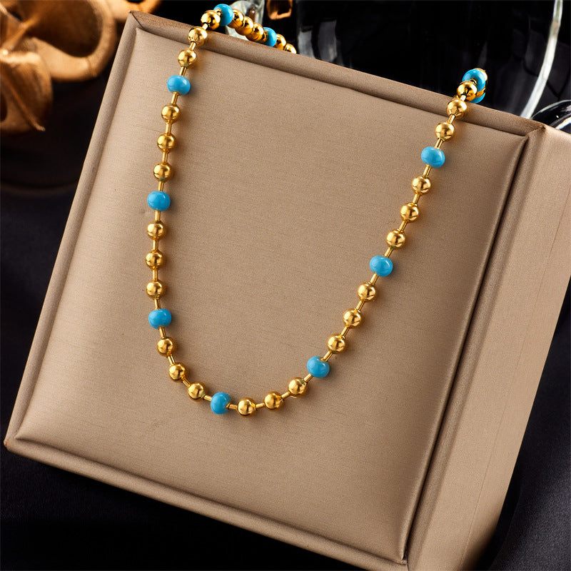 Minimalist Geometric Titanium Steel Plated Necklace with Turquoise Beads and Round Ball Chain for Women