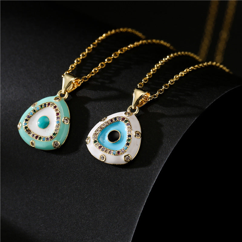 Elegant Geometric Drip Oil Brass Micro-Inlaid Cubic Zirconia Evil Eye Pendant Necklace for Women with Cable Chain