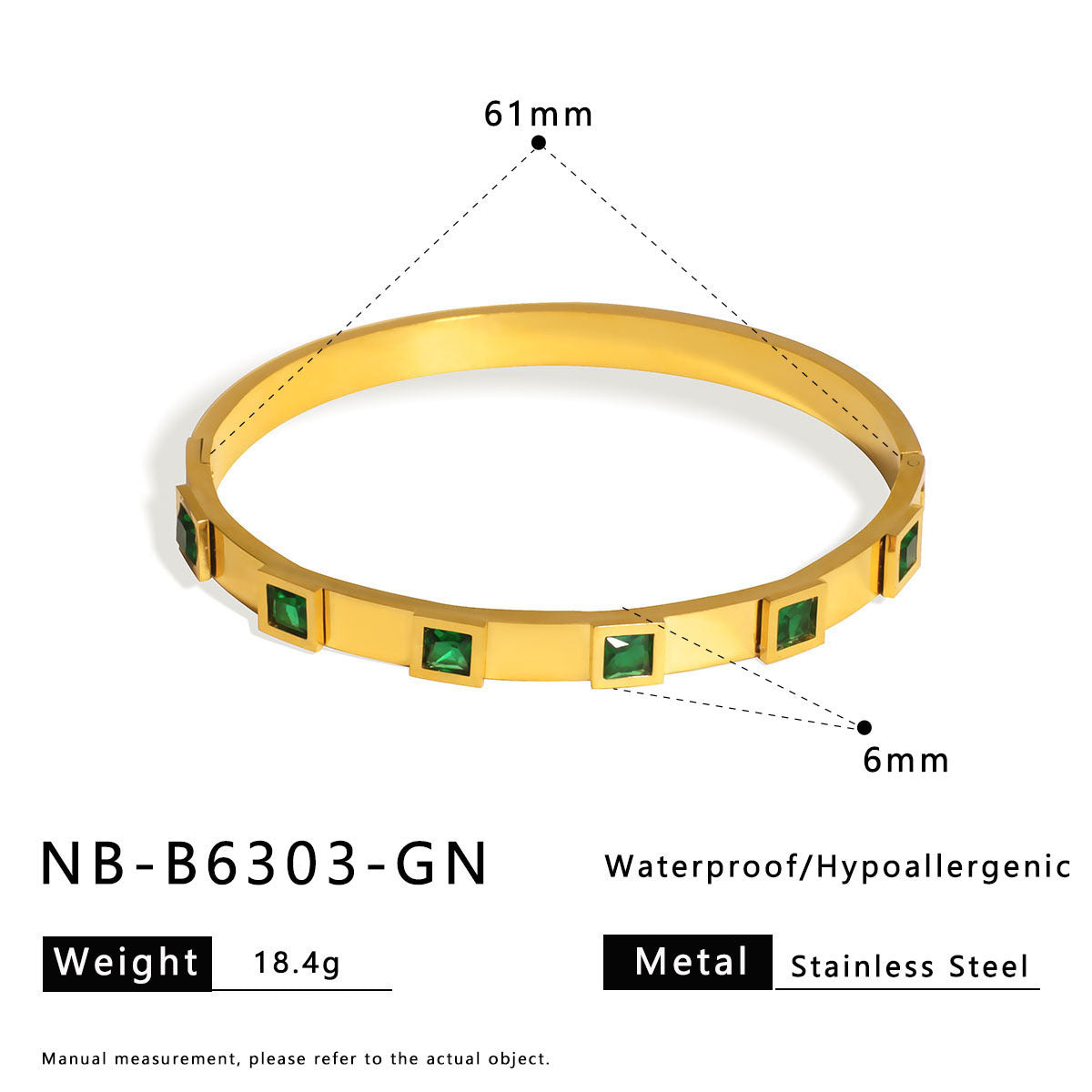 Minimalist Geometric Square-Cut Rhinestone Titanium Steel Bracelet for Women with Polished Gold Plating