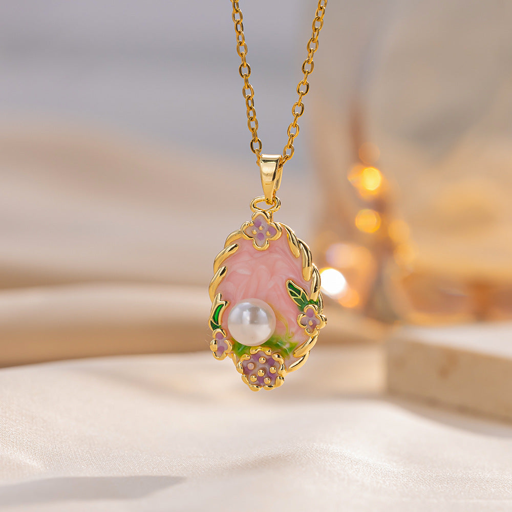 Elegant French Vintage Style Enamel Floral Pendant Necklace with Titanium Steel Chain and Camellia Design