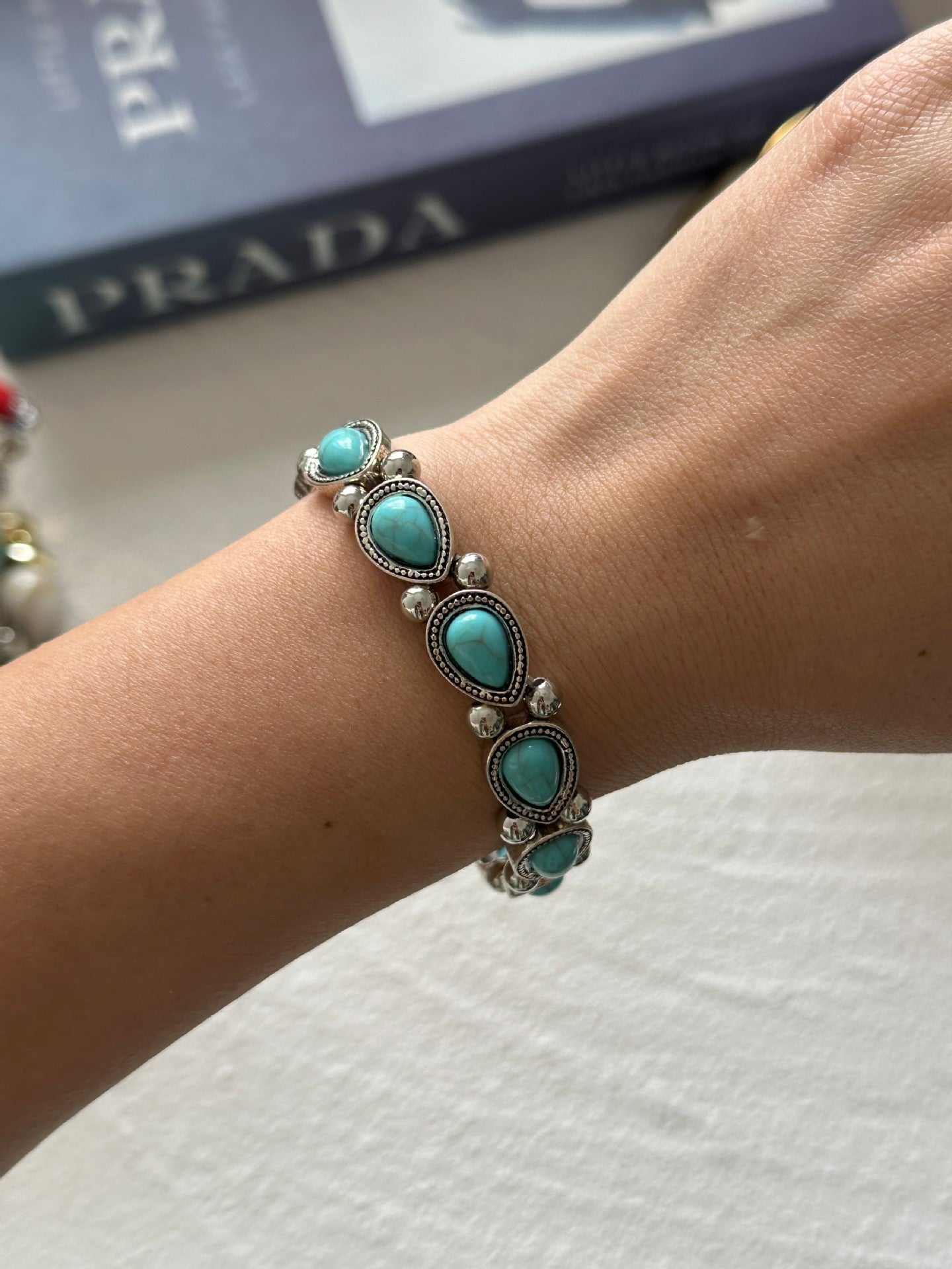 Bohemian Vintage Geometric Turquoise Inlay Plated Alloy Bracelet for Women