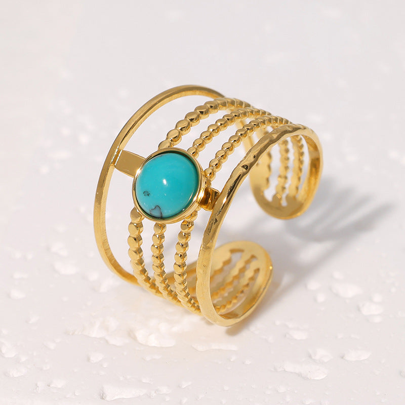 Minimalist Geometric Titanium Steel Adjustable Open Ring with Turquoise Stone for Women
