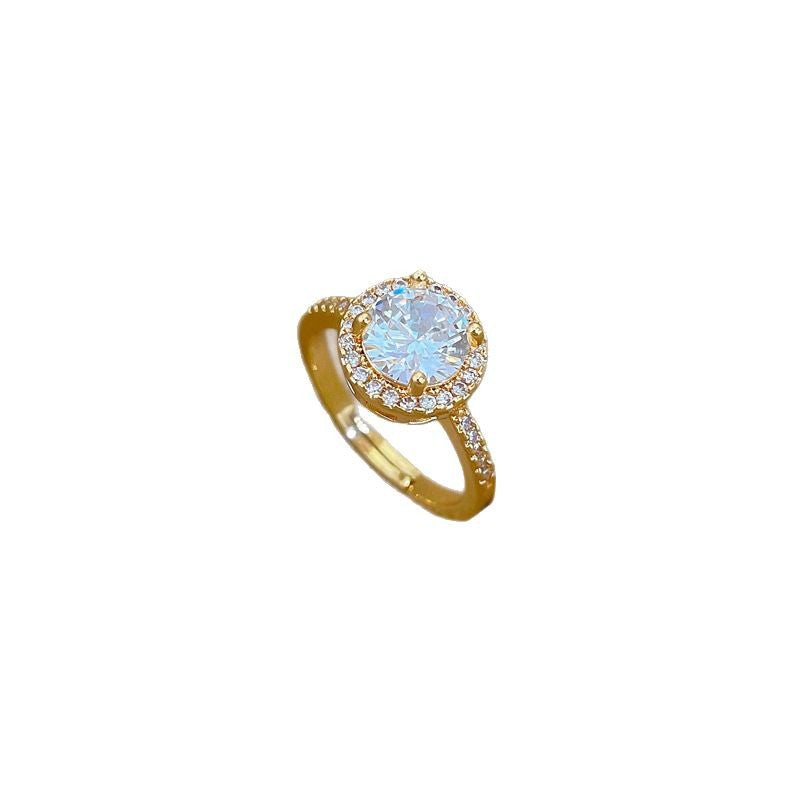 Minimalist Sweet Micro-Inlaid Cubic Zirconia Crown Brass Adjustable Ring for Women